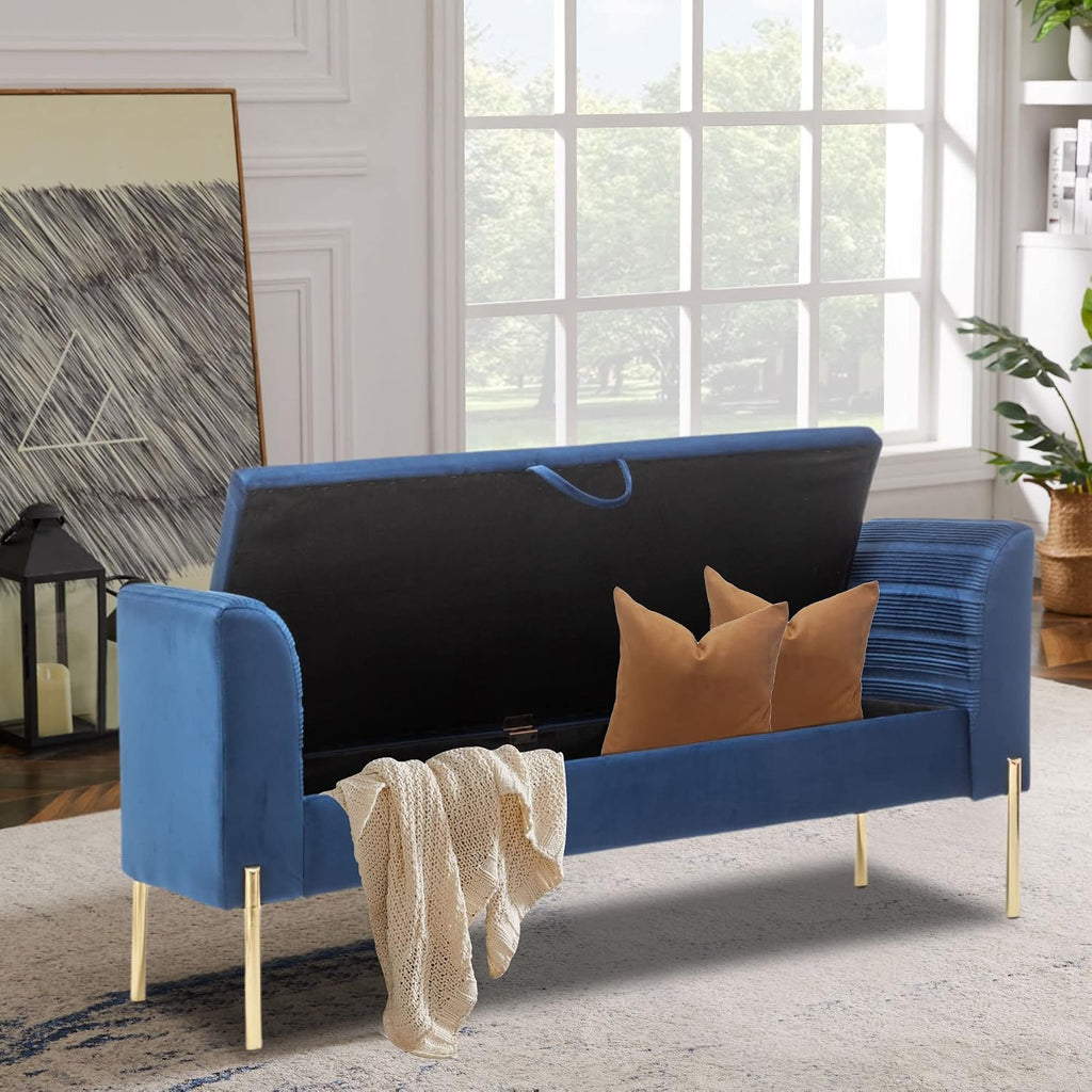 Modern Blue Velvet Storage Bench End of Bed Bench Ottoman, Upholstered Armed Entryway Bench Long Settee