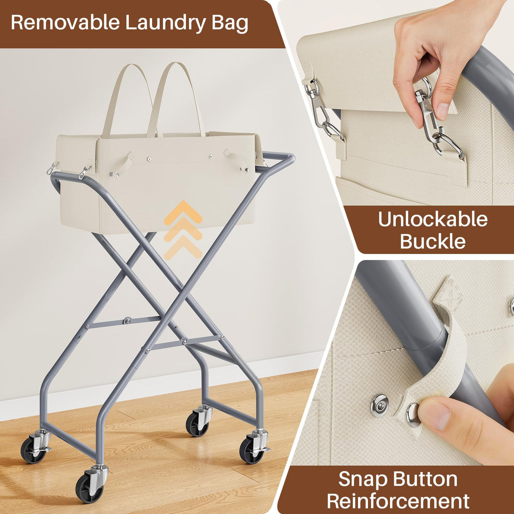 No-Bend Laundry Cart Rolling Hamper with Locking Wheels & Handle, Foldable Basket Screw-Free Assembly, Durable Metal