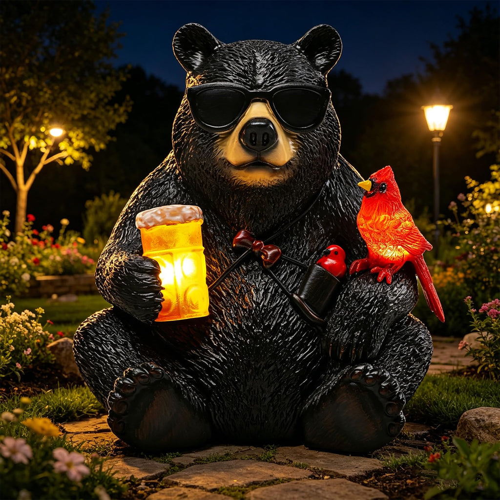 Solar Black Bear Statue for Garden with Beer and Cardinals