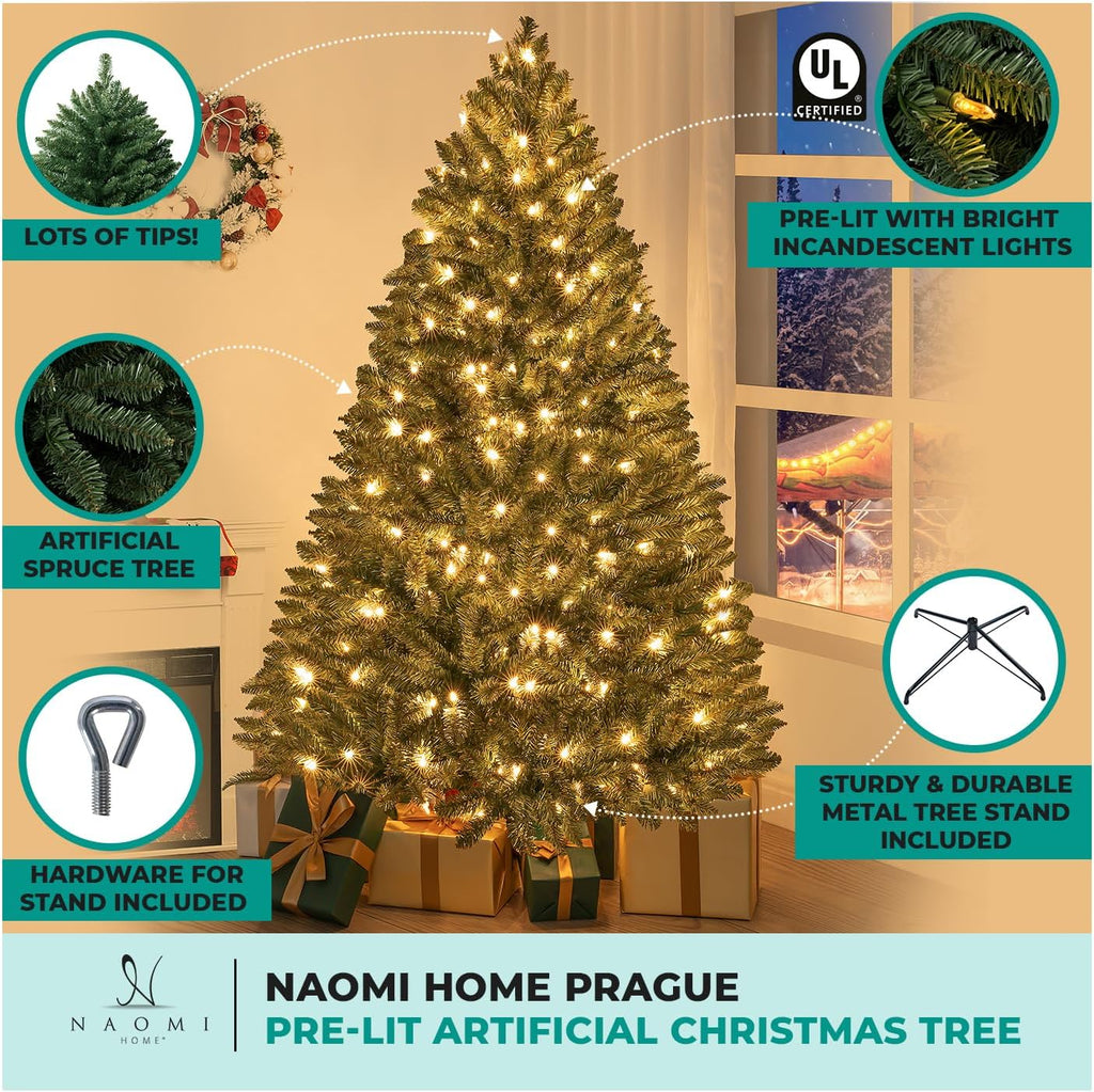 Prague 7.5ft Prelit Artificial Christmas Tree with Foot Pedal, 1717 Branch Tips, 550 Warm Lights and Metal Stand, 56"
