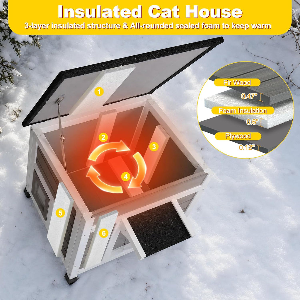 Insulated Outdoor Cat House, Weatherproof Feral Cat Shelter, Gray
