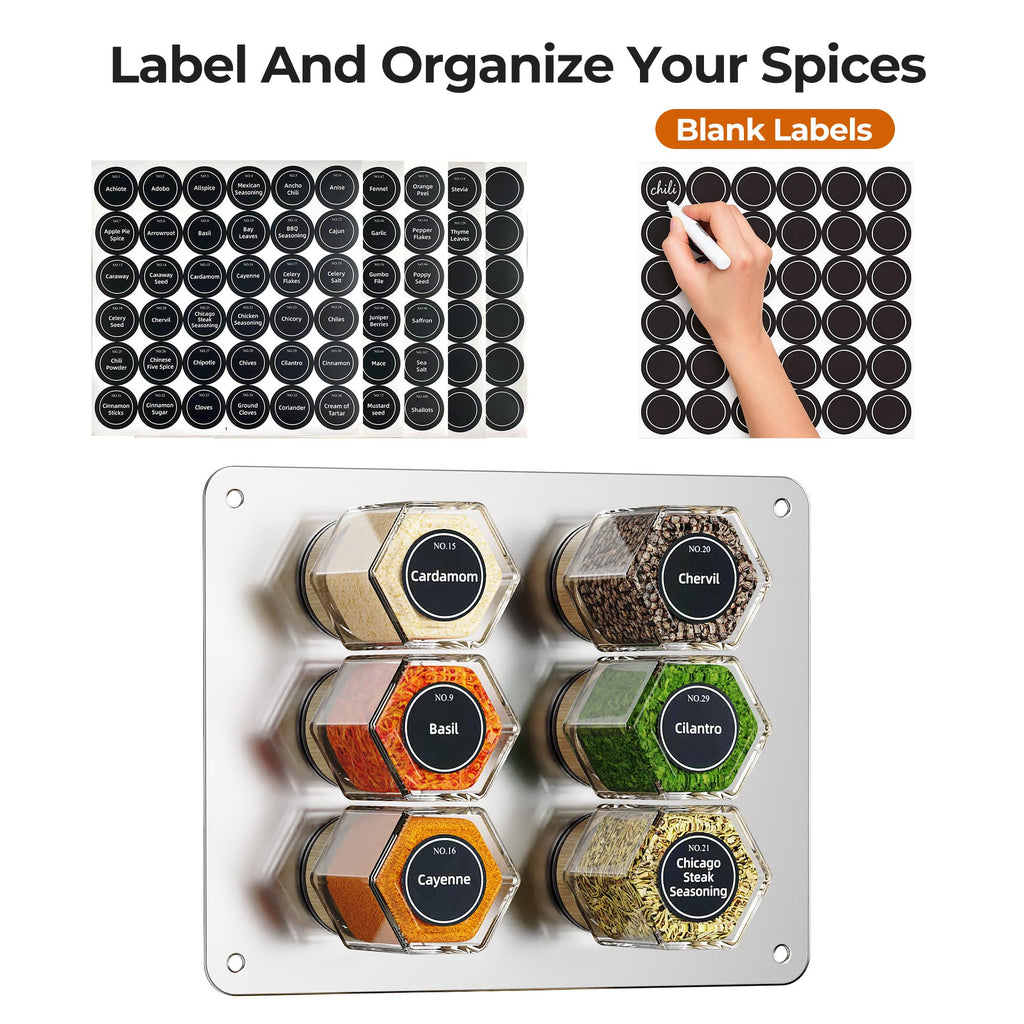 Set of 12 Magnetic Spice Tins with 2 Black Metal Wall-Plates,100 Preprinted Seasoning Label Stickers,2 Styles for 3