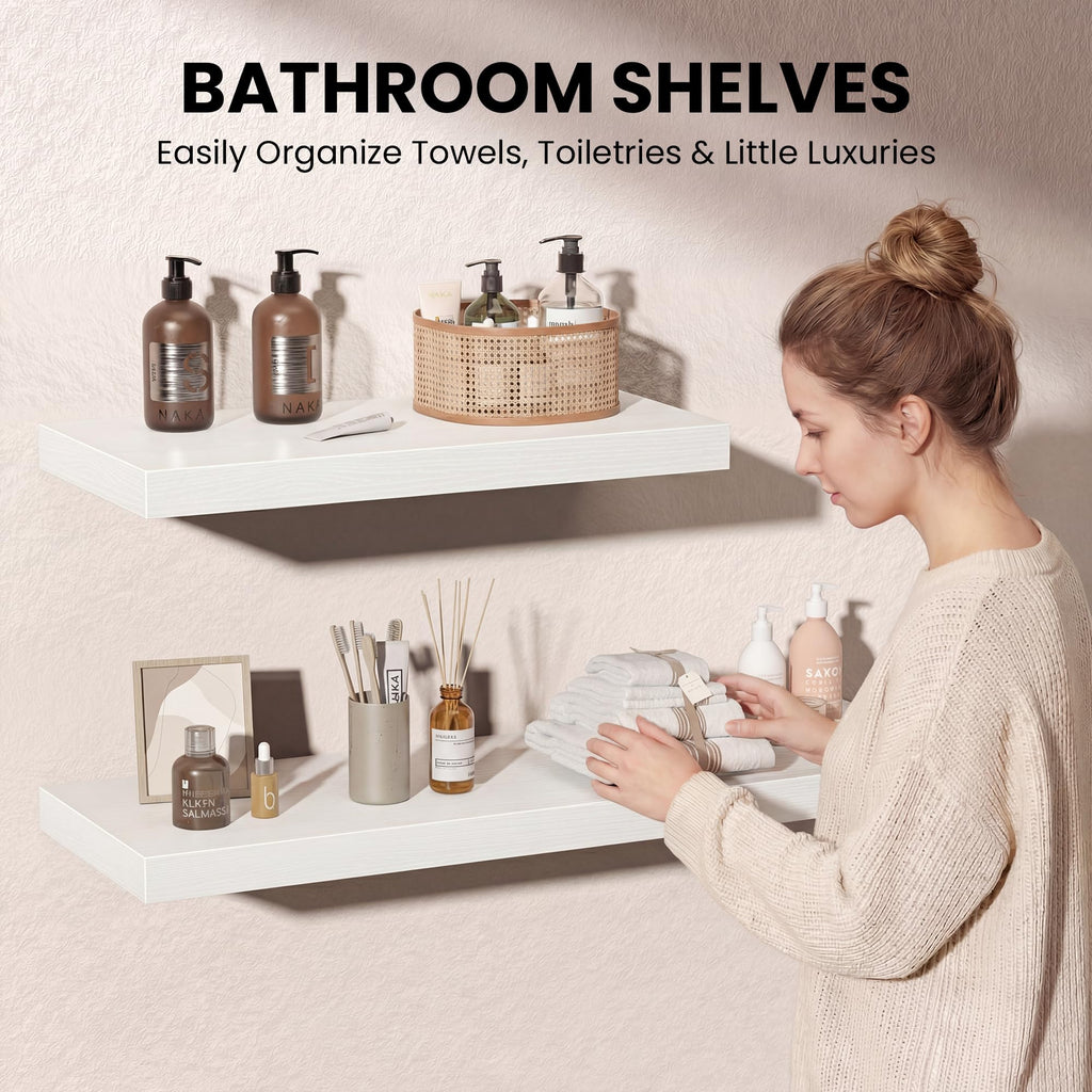 32 Inch Floating Shelves for Wall, White Wood Wall Mounted Shelf with Invisible Bracket, 10 Inch Deep Large Shelves