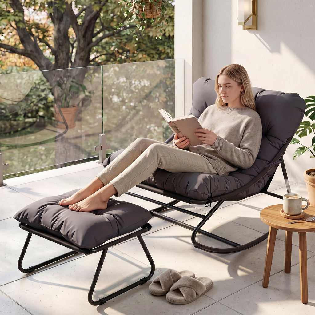 Outdoor Rocking Chair with Ottmans, Cozy Papasan Rocking Chair with Thick Cushion, 450lbs Capacity Indoor Outdoor
