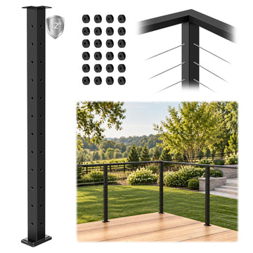 42" Modular Black Cable Railing Corner Post for Deck Railing System
