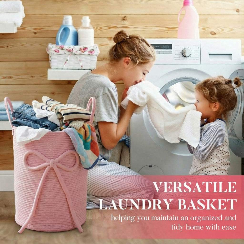 Pink Bow Laundry Basket Large Cotton Rope Storage Basket 16'' x 22'' Woven Laundry Hamper with Handles for Clothes