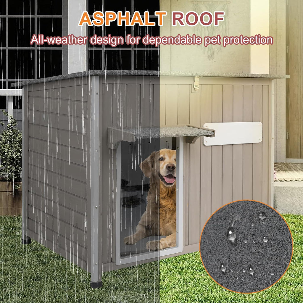 Outdoor Dog House Weatherproof, Wooden Puppy Shelter with Anti-Chewing Iron Frame and Elevated Floor, Sturdy Dog