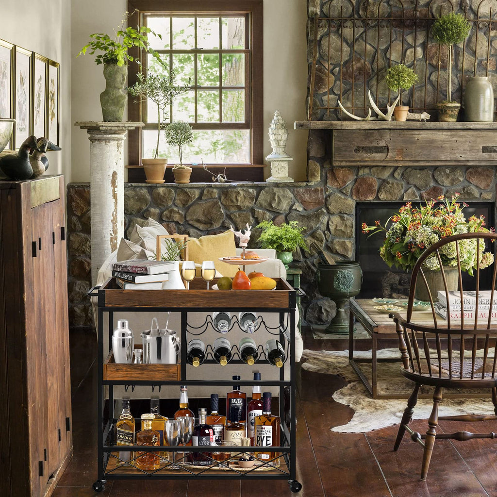 Bar Cart Industrial Mobile Kitchen Serving Carts 3 Tier Storage Trolley with Wine Rack Glasses Holder Two Portable