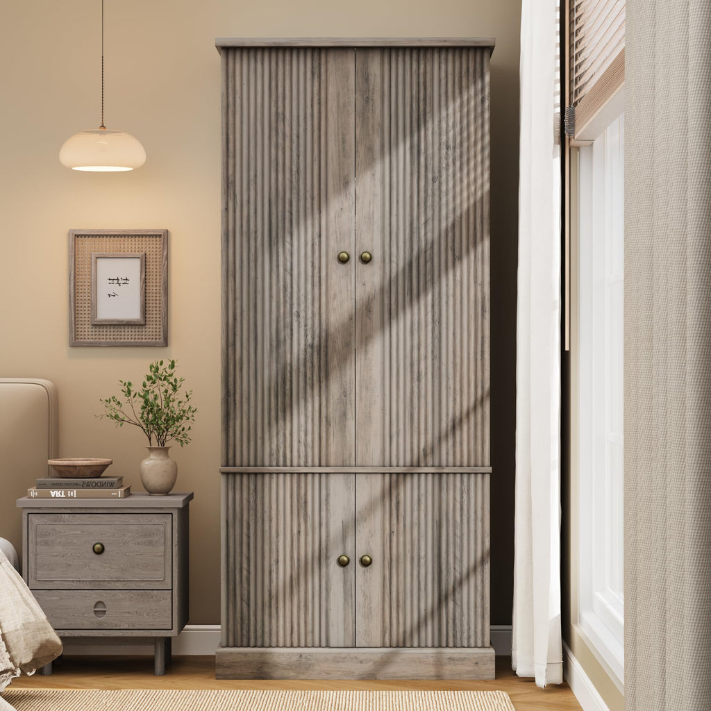 72" Wood Armoire Wardrobe Closet, Fluted, 4 Doors, Retro Gray