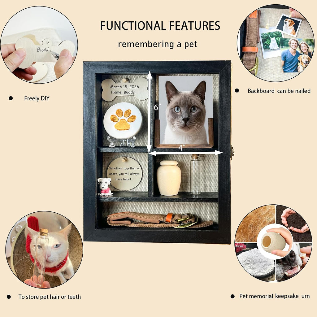 Solid Wood 11x14 Pet Memorial Shadow Box Frame with Adjustable Shelves Paw Print Kit Pet Urn Ashes Display Case Black
