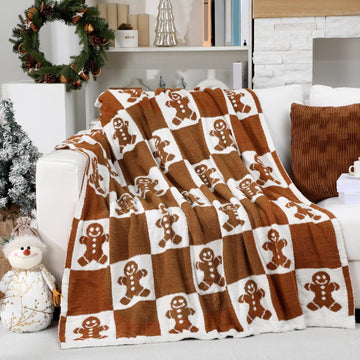 Christmas Gingerbread Man Knit Throw Blanket, 50 x 60 Inch Xmas Reversible Knitted Throw Blanket, Cozy Lightweight