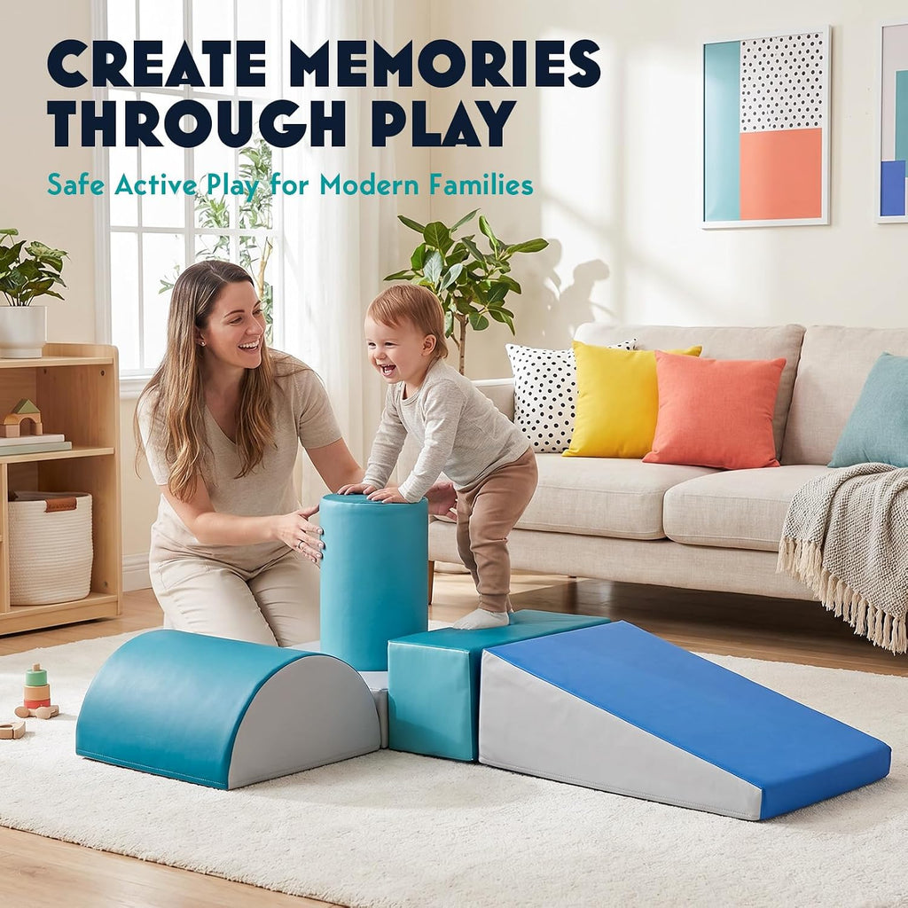 Foam Climbing Blocks Set for Toddlers - Piece Soft Play Gym with Ramp, Arch & Building Blocks, Wipe-Clean PU