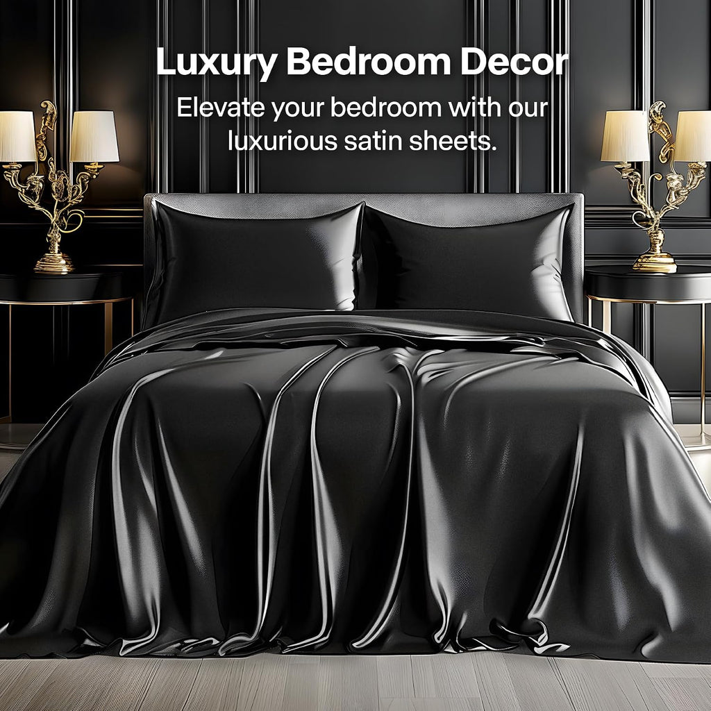 Satin Sheets Queen Bed Set, Luxury Soft Black Silky Sheets for Hair and Skin, Similar to Silk Bed Sheets Set 4 Pieces