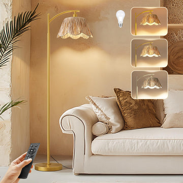 Arc Floor Lamp with 3 Color Temperatures, Rattan Boho Floor Lamp with Hand-Woven Wicker Shade, Farmhouse Floor Lamps