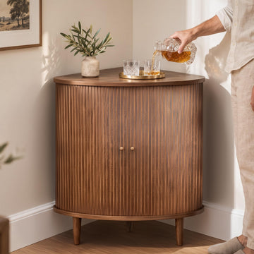 30'' Fluted Corner Bar Cabinet with Sliding Doors, Storage and Adjustable Shelf - Angled Corner Cabinet Kitchen