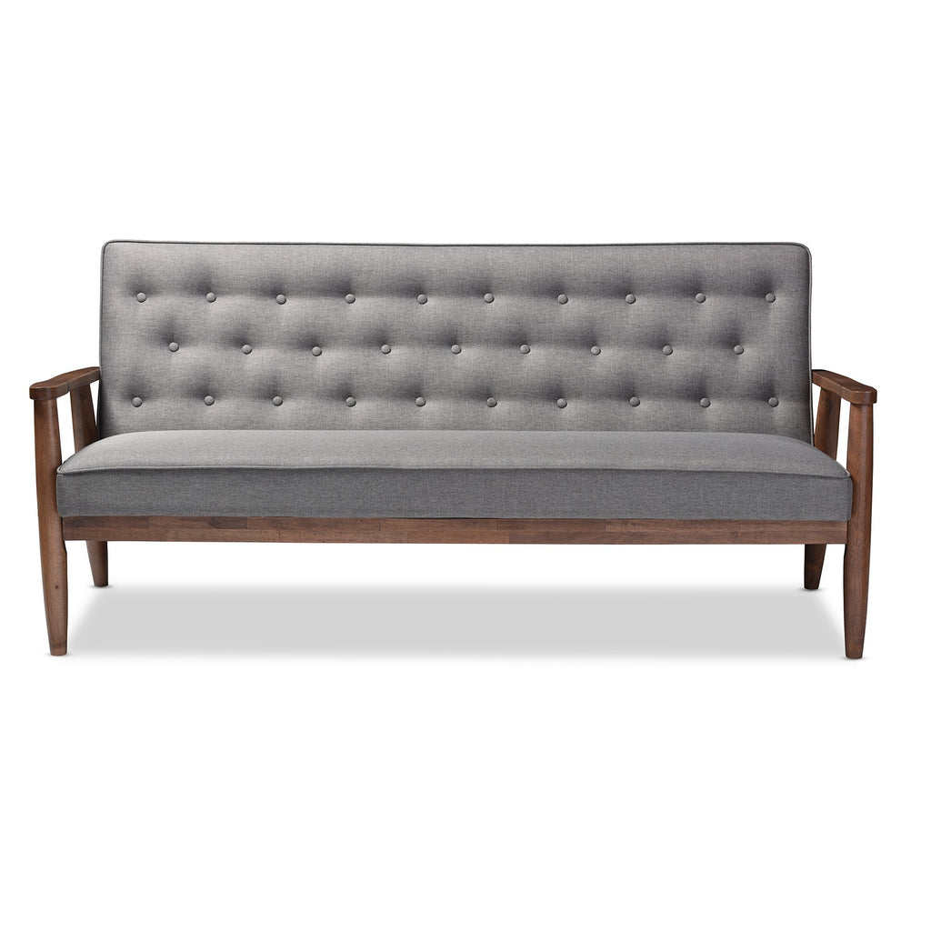 Sorrento Mid-Century Retro Modern Fabric Upholstered Wooden 3-Seater Sofa, Grey 70.59 x 29.45 x 32.96