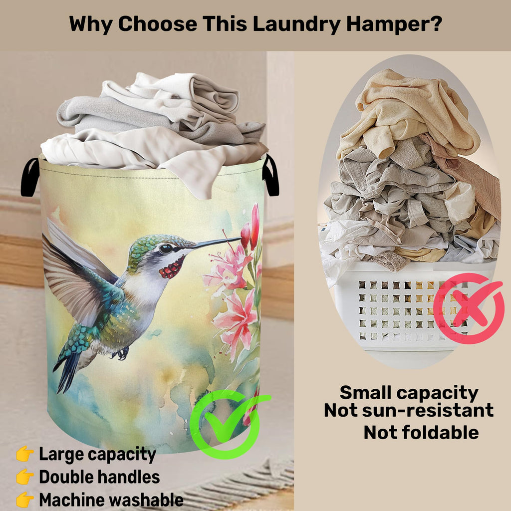 Summer Hummingbird Laundry Basket with Handles - Extra Large Foldable Hamper /Laundry/Bedroom/Dorm, Washable Fabric