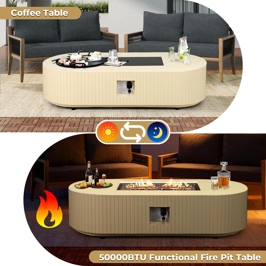 60" Oval Propane/Natural Gas Fire Pit Table, 50000 BTU Outdoor Patio, Beige