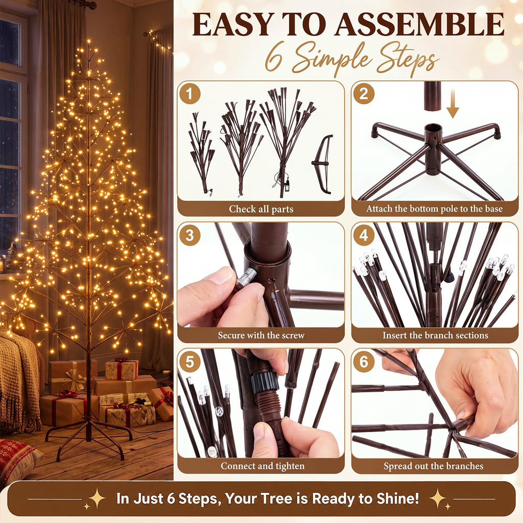 2 Pcs 6ft Christmas Lighted Birch Tree Brown Alpine Twig Trees