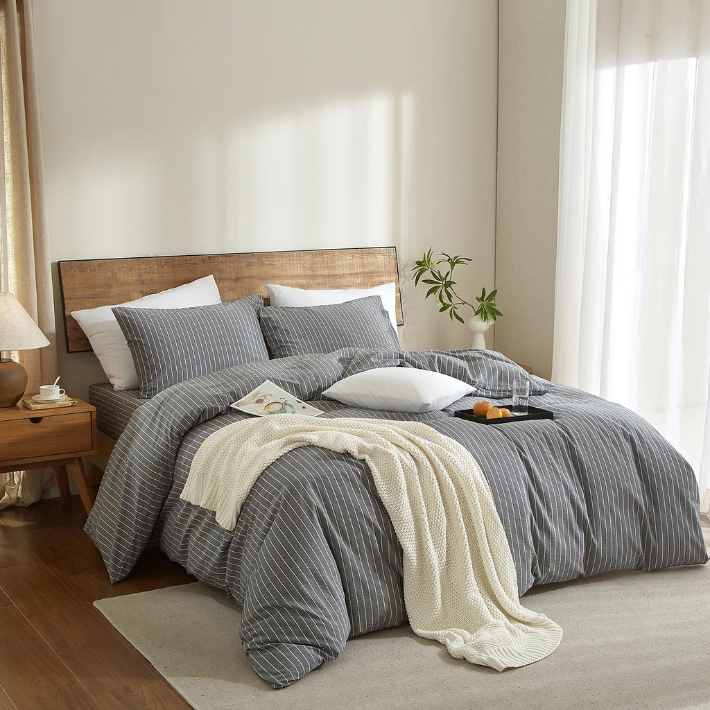 Grey Striped Duvet Cover Set Cotton Linen‐Like 3pcs 90"x90"
