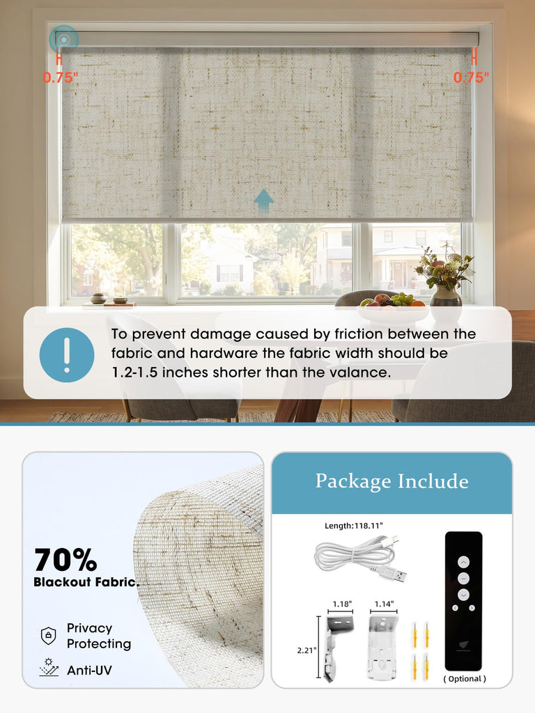 Motorized Smart Roller Shades, 70% Blackout Linen Sand