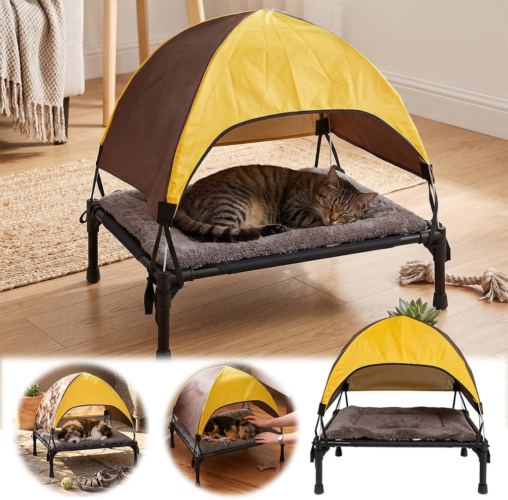 Outdoor Dog Bed with Canopy, Elevated Portable Pet Cot with Removable Shade Cover, Breathable Water Resistant Pet Rest