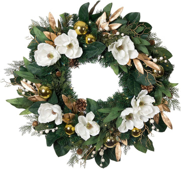 30 Inch Pre-Lit Artificial Christmas Wreath, White Gold Magnolia
