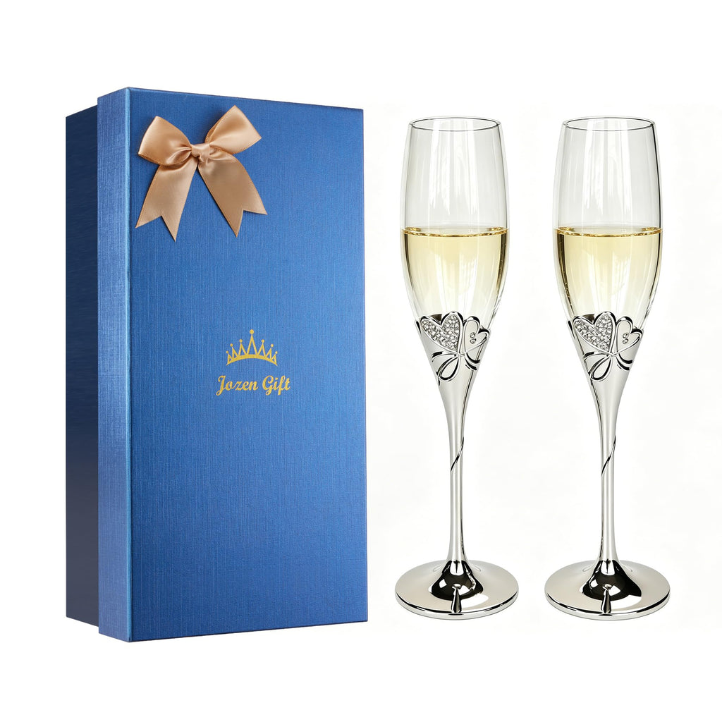 True Love Silverplate Champagne Flutes Set of 2 Silver Toasting Glasses with Metal Base & Crystal Stones, Flute Pair