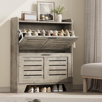 Shoe Cabinet Storage, Narrow Shoe Cabinet with 2 Flip Drawers, Freestanding Hidden Slim Shoe Organizer Cabinet with