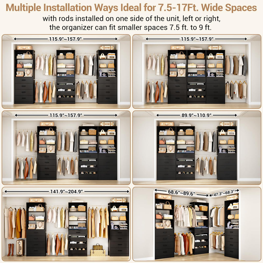 Closet System with 12 Drawers, 8.5-11.5Ft Closet Organizer System