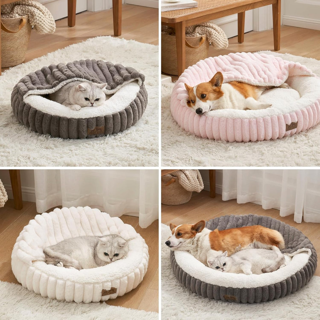 Hooded Blanket Cat Bed - Round Fluffy Donut Cuddler for Cats & Toy Dogs, Anti-Anxiety Faux Fur Pet Bed