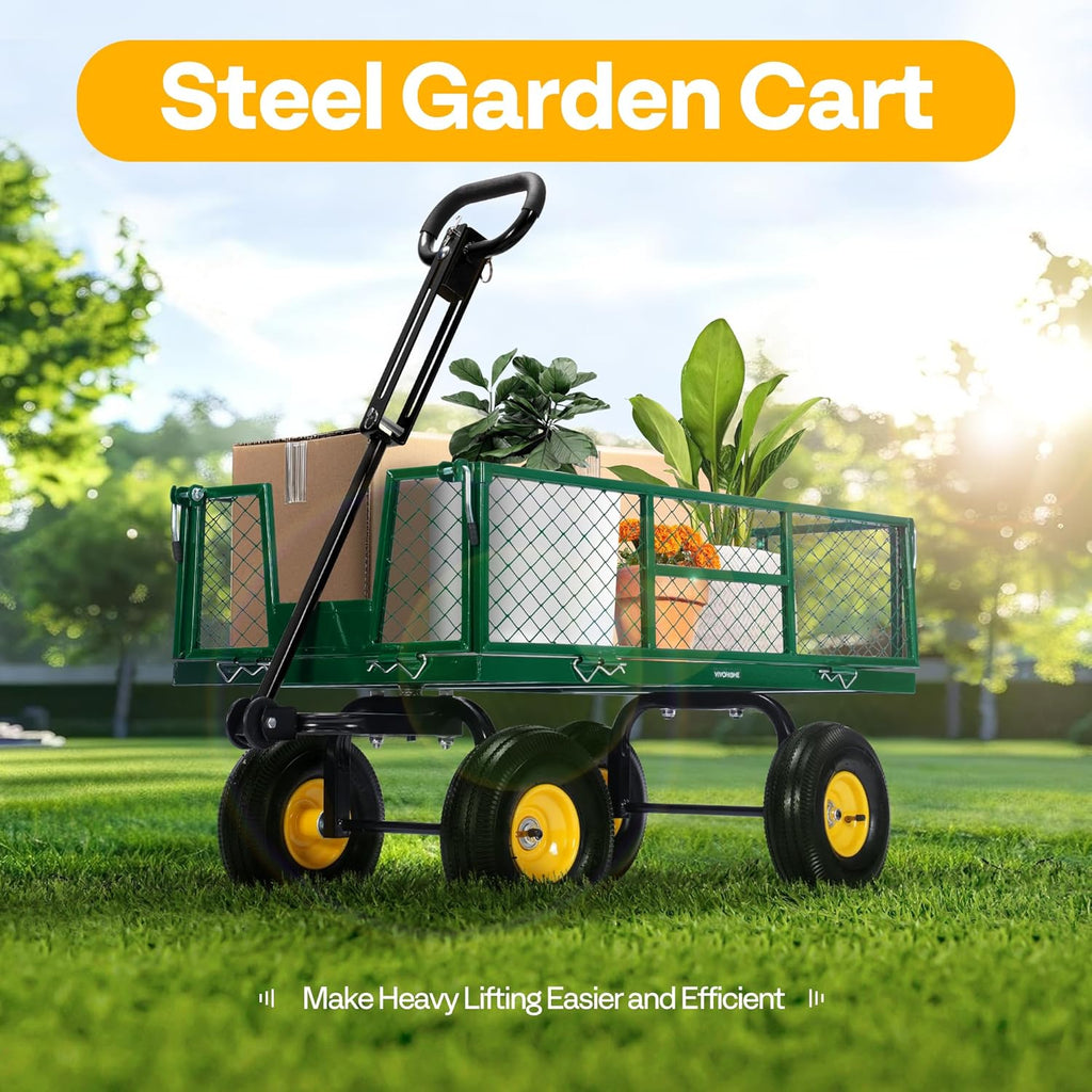 Steel Garden Cart Heavy Duty 900 LBS 4.5 Cu Ft Utility Wagon | Removable Sides, 10 inch Tire and Handle Attach to ATV