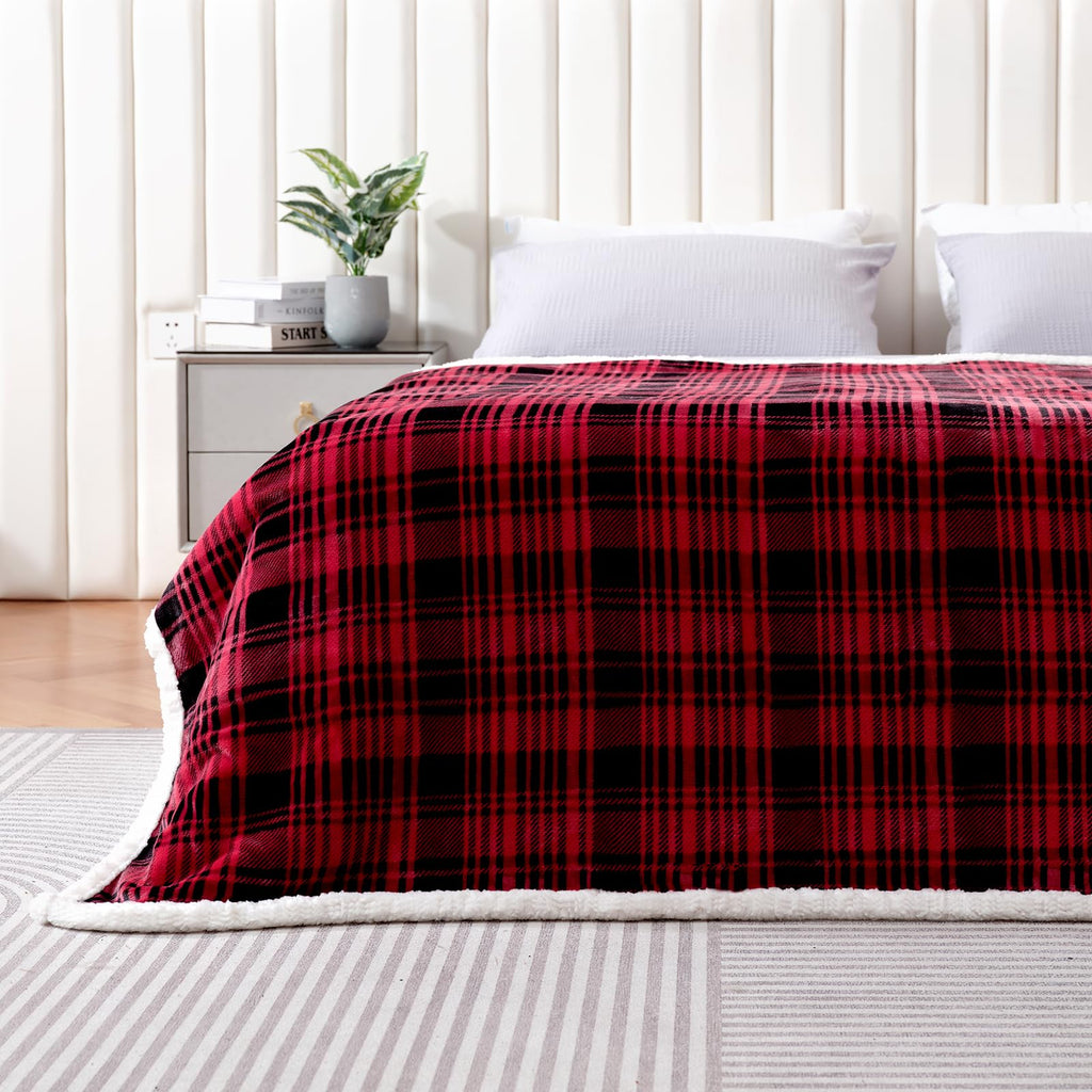 Sherpa Plaid Throw Blanket(60" X 70", Plaid Red), Fuzzy Fluffy Cozy Soft Blanket, Fleece Flannel Plush Twin Size