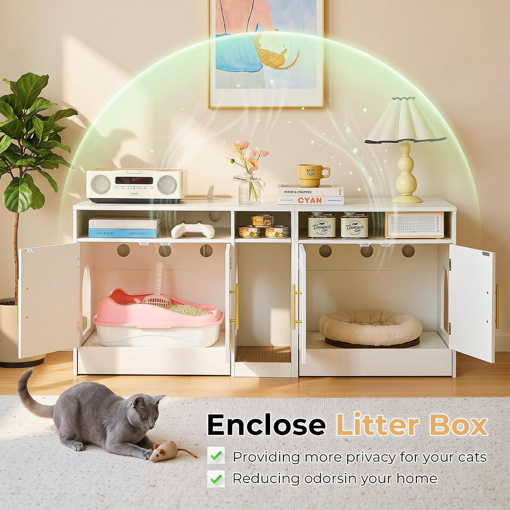 Double Cat Litter Box Enclosure for 2 Cats, 53" Wooden Hidden Cat Litter Box Furniture with Power Outlet, Sliding