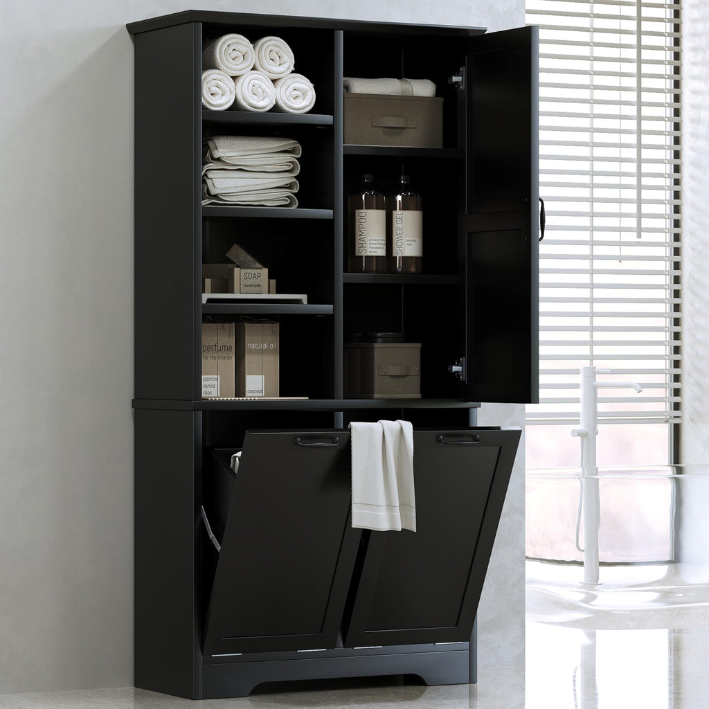 Tall Storage Cabinet with Door and Open Shelf, Multi-Functional Laundry Hamper Basket Bathroom, Laundry Room, Black