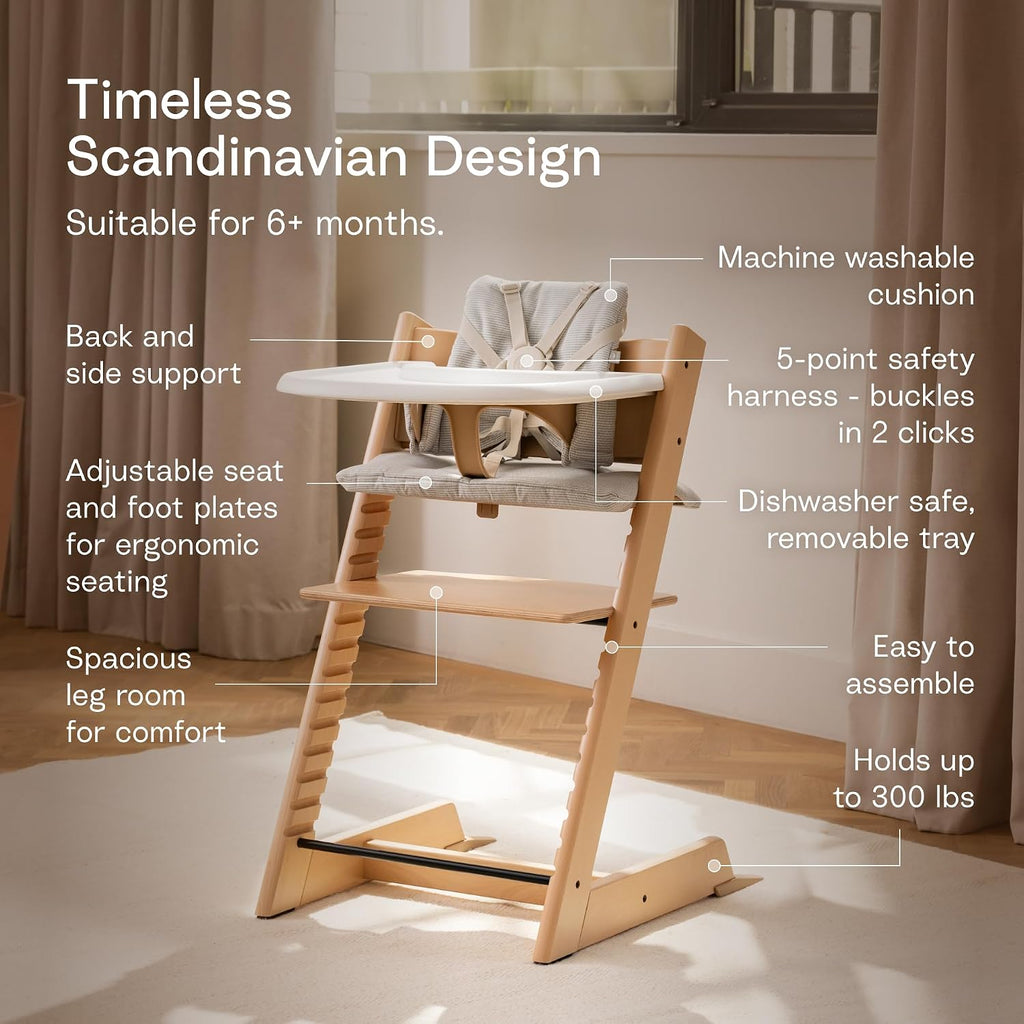 Tripp Trapp High Chair with Tray and Cushion, Natural/Nordic Grey | Includes Chair, Baby Set, Removable Harness