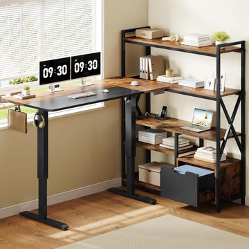77.8 Inches L Shaped Standing Desk Corner Desk with Hutch Electric Height Adjustable Desk with Storage Shelves File