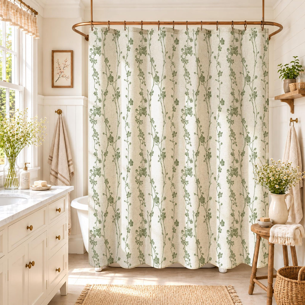 Sage Green Farmhouse Linen Shower Curtain, Boho Floral Fabric, 72 x 84