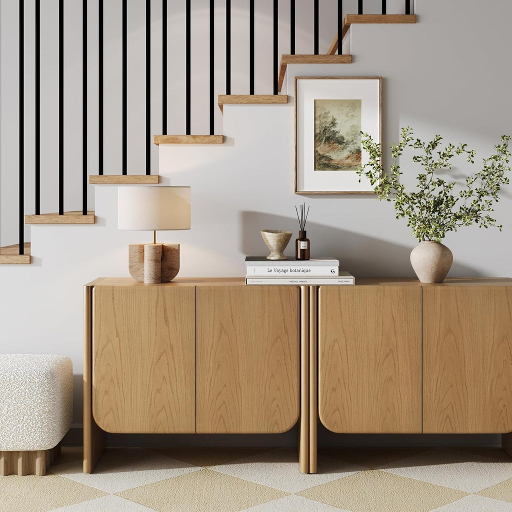 Jacala Mid Century Modern Entryway Storage Cabinet with Doors, Living Room Accent Cabinet with Wood Frame, Raw Oak