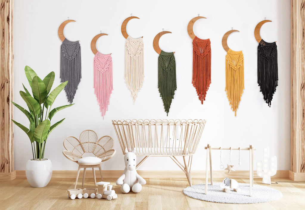 Macrame Wall Hanging Boho Moon Decor, Crescent Wooden Ornament with Tassel