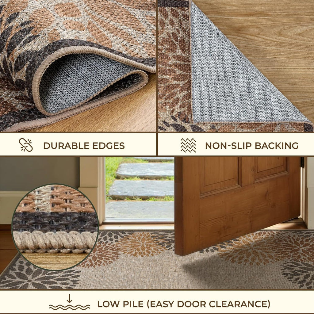 Modern Easy Jute Outdoor Rug, Washable Area Rugs Patio Floral Indoor Outdoor Rug, Boho Farmhouse Non Slip Carpet