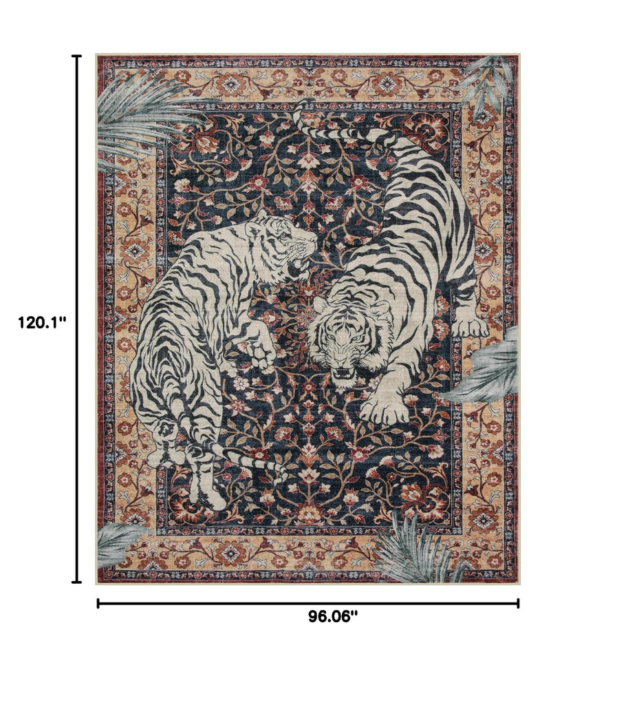 Tiger Washable Area Rugs 8x10, Large Boho Rugs, Vintage Non Slip Dining Room Rugs for Under Table, Ultra Thin Soft