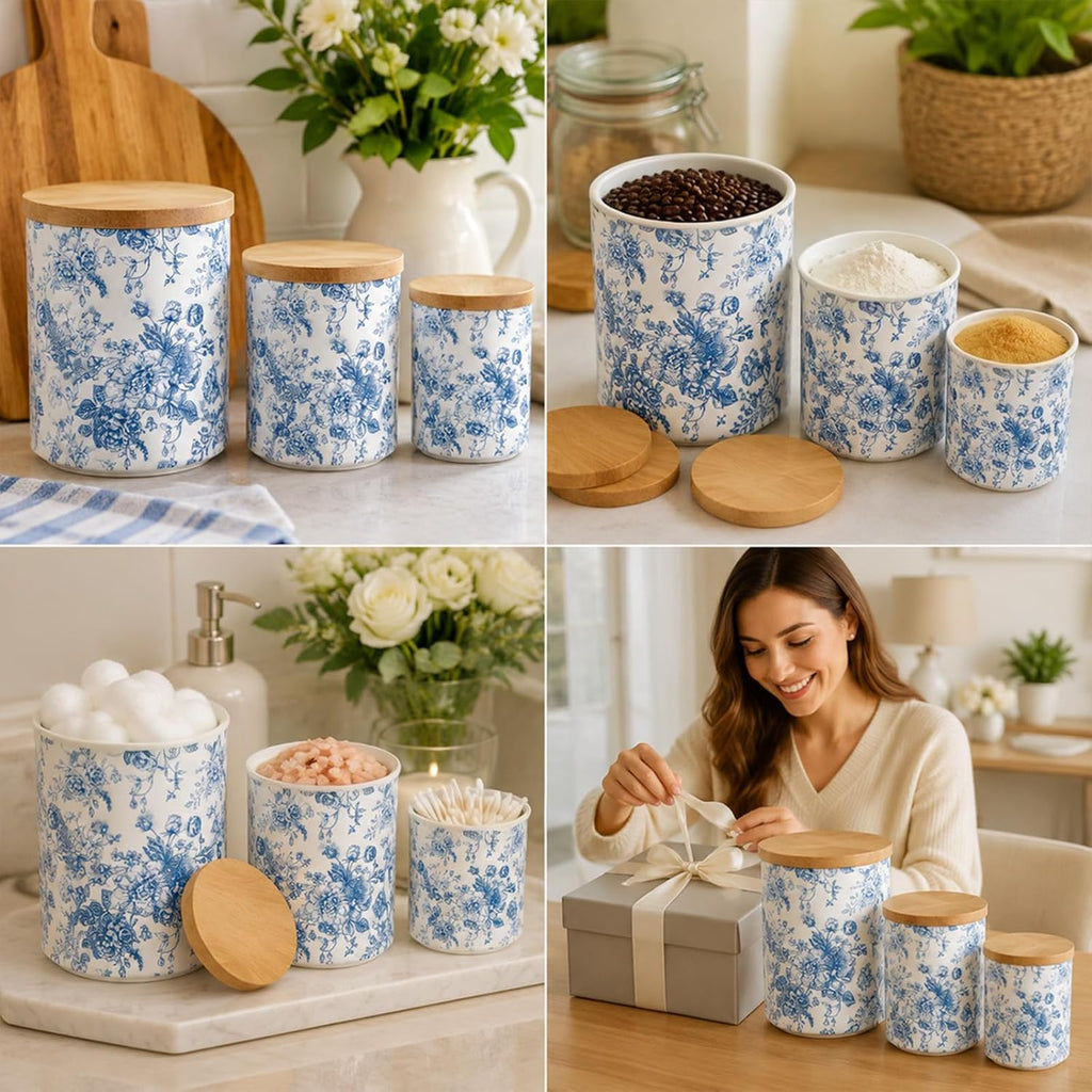 Chinoiserie Floral Ceramic Kitchen Canisters Sets Vintage Blue Flower Clear Storage Jar with Airtight Lids Kitchen - Set of 3
