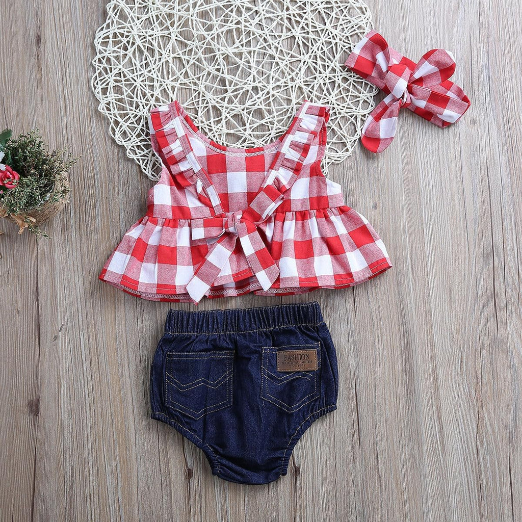 Baby Girl Ruffles Plaid Tunic Tops + Denim Bloomers + Headband 3PCS Sets
