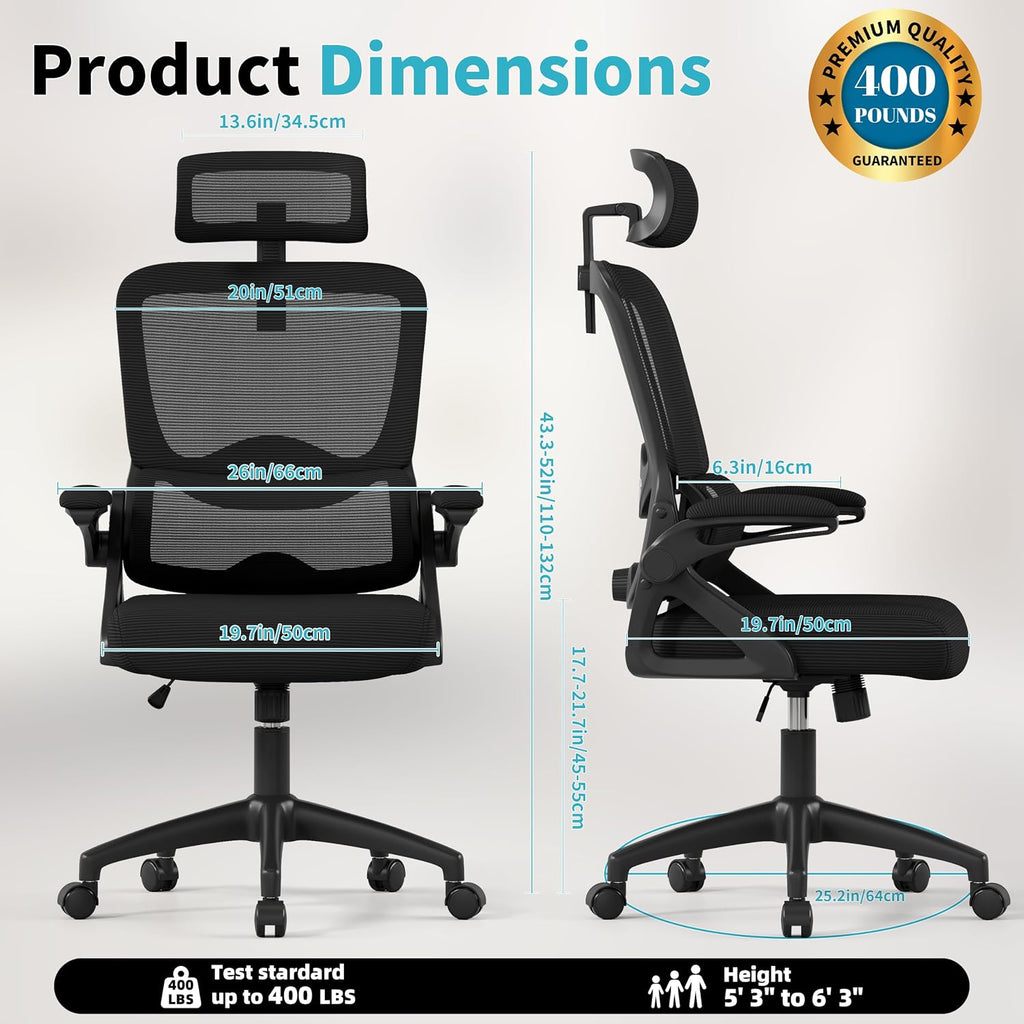 Ergonomic,Mesh with Lumbar Support,High Back Desk Chair with Flip-up Arms,400 lbs Big and Tall Computer Chair with