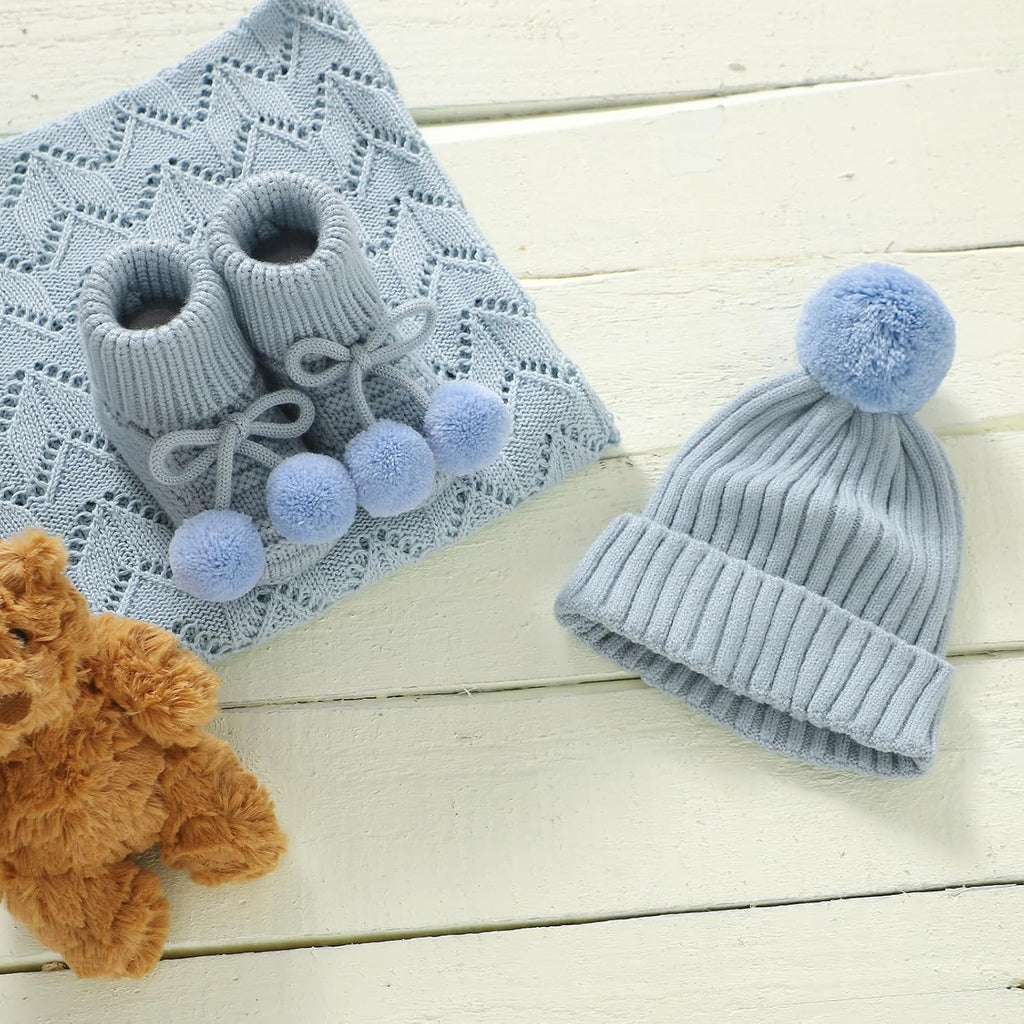 Baby Hats and Booties Set Knit Pompom Beanie Caps Shoes Winter