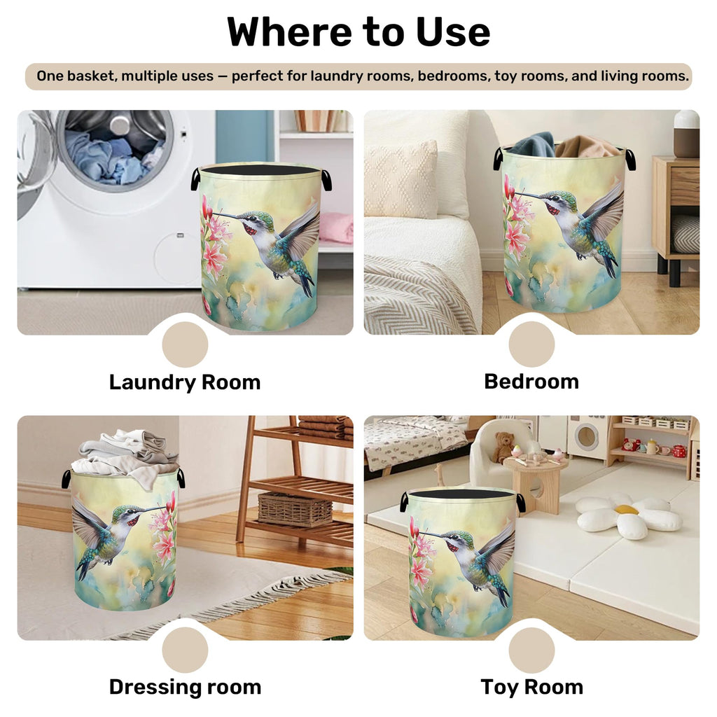 Summer Hummingbird Laundry Basket with Handles - Extra Large Foldable Hamper /Laundry/Bedroom/Dorm, Washable Fabric