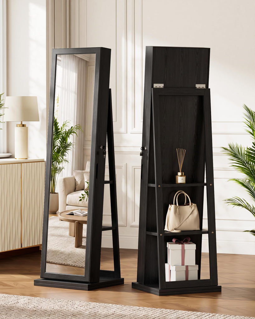 360° Swivel Jewelry Cabinet with Full-Length Mirror, Lockable, Black