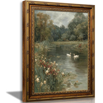 Vintage Gold Framed Impressionist Swan Lake Landscape Painting 16x24Inch