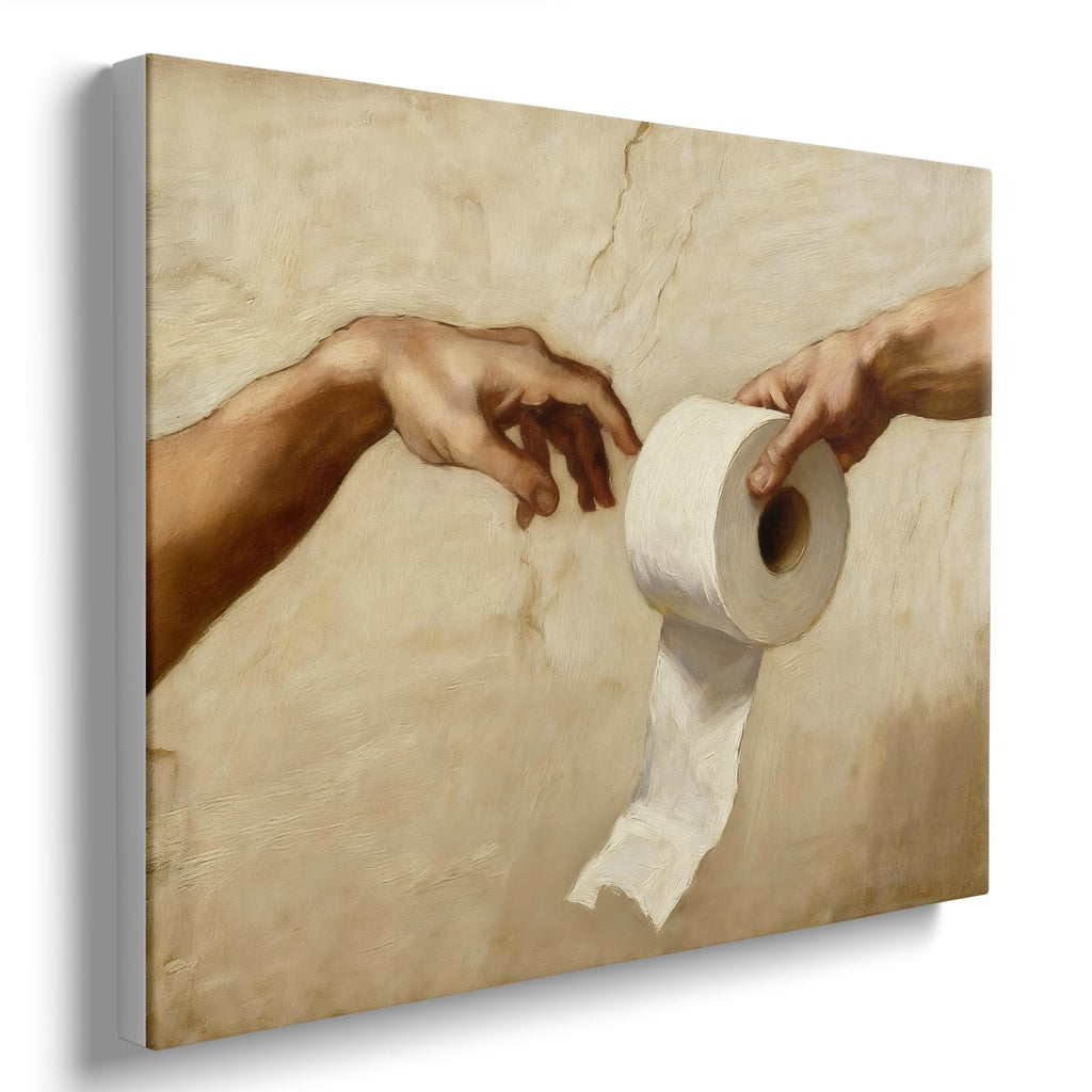 Funny Toilet Paper Wall Art, Michelangelo's Creation of Adam Parody with Toilet Paper Roll, Humorous Bathroom Canvas